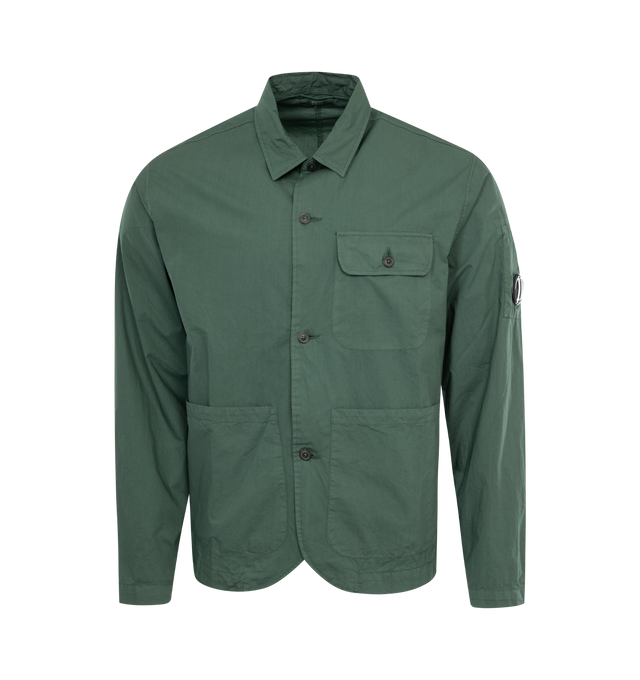 Image 1 of 2 - GREEN - C.P. COMPANY Popeline Workwear Shirt featuring button closure, chest pocket, front patch pockets and collar. 100% cotton.  