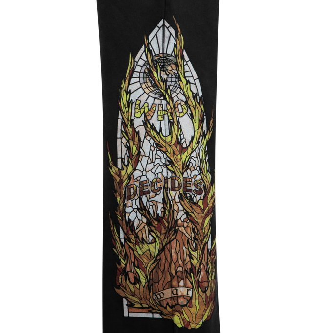 Image 4 of 4 - GREY - WHO DECIDES WAR Flame Glass Hardware Sweatpants featuring cotton fleece, flared leg, printed with the label's signature stained-glass window motifs, drawstring waistband, side on-seam pockets and back welt pocket. 100% cotton. 