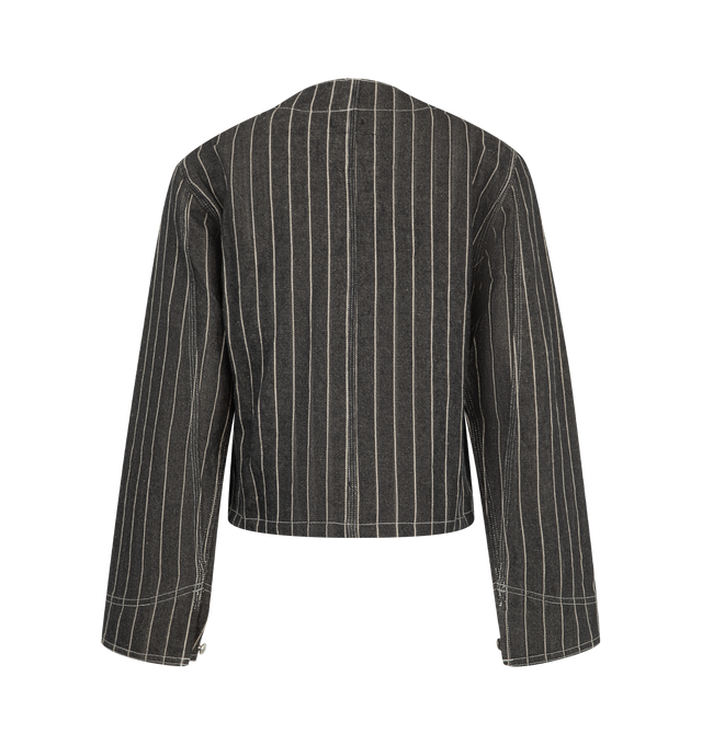 Image 2 of 3 - BLACK - R13 Women's Cropped Chore Jacket is crafted from a textured linen, wool, and cotton blend and reinterprets classic workwear through the brands signature elevated lens. Cut in a cropped silhouette, this versatile jacket combines structured tailoring with utility-inspired styling, while cow leather trims add a refined finishing touch. Ideal for layering, it balances rugged character with modern sophistication. Main Material: 50% Linen, 35% Wool, 15% Cotton. Trims: Cow Leather. 