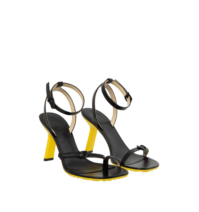 BLACK - LOEWE Petal Stiletto Sandals are a one-toe style with adjustable buckle and 3.5" heel. Leather sole. Made in Italy. 