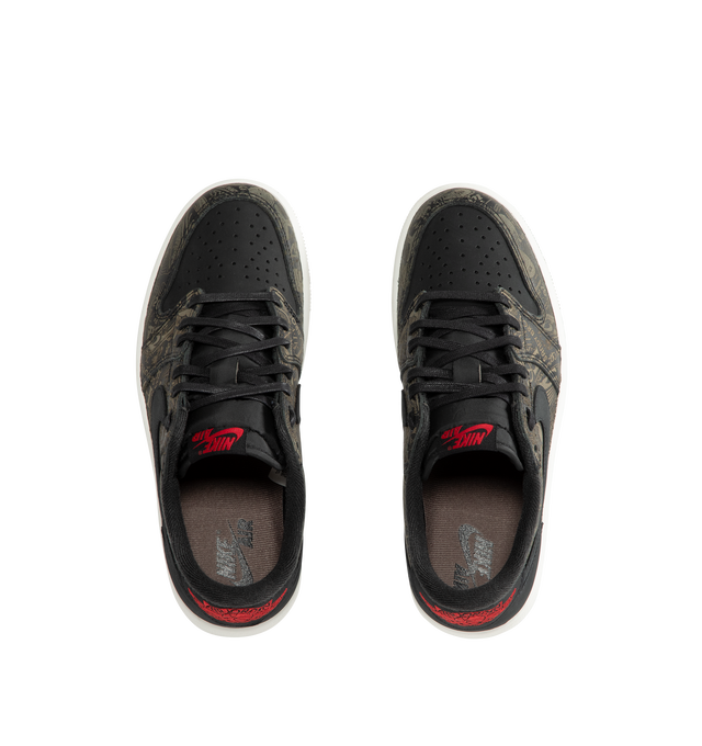 Image 5 of 5 - MULTI - Jordan Men's Air Jordan 1 Low OG "Laser" Sneakers feature a genuine leather upper in Black, Summit White, and Varsity Red. Inspired by the original 1985 silhouette, the low-top design is finished with a foam midsole, encapsulated Air-Sole cushioning, and a solid rubber outsole for durable traction. Upper: Genuine Leather. Midsole: Foam. Sole: Rubber. 