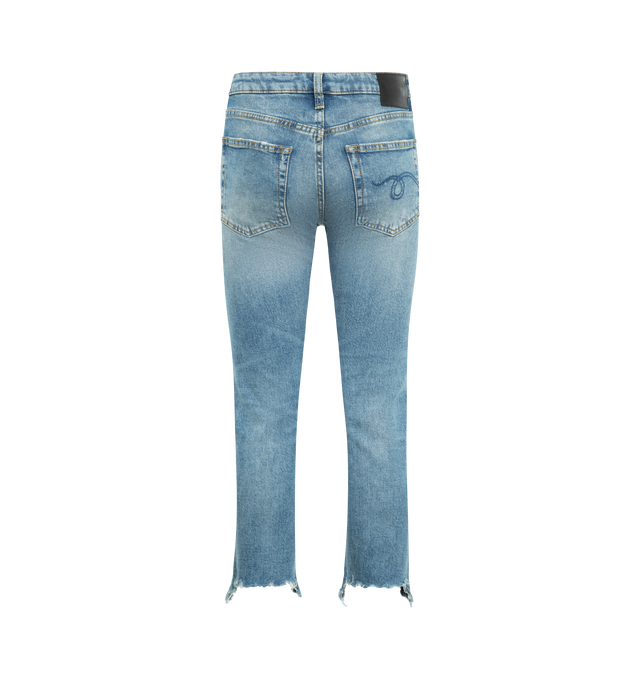 Image 2 of 3 - BLUE - R13 Boy Rip Straight Leg Jean featuring zip fly with button closure, whiskering and fading detail along front, 5-pocket design and frayed hem. 98% cotton, 2% elastane. Made in Italy. 