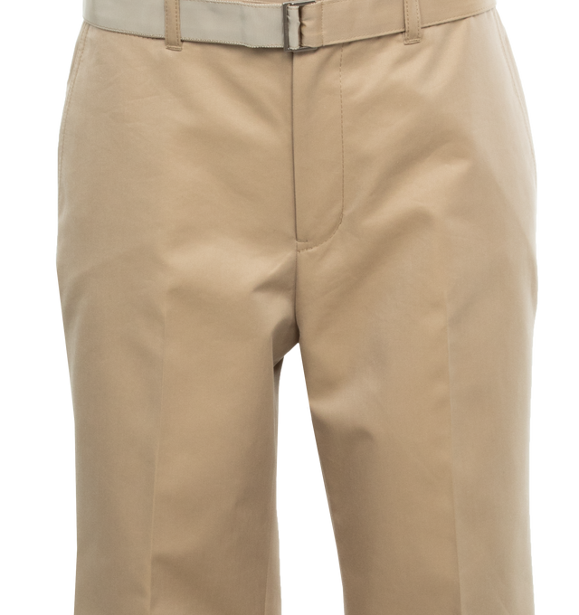 Image 4 of 4 - NEUTRAL - SACAI Cotton Gabardine Pants featuring concealed front hook and zip closure, includes matching adjustable belt and two side pockets. 63% cotton, 37% polyester. Made in Japan. 