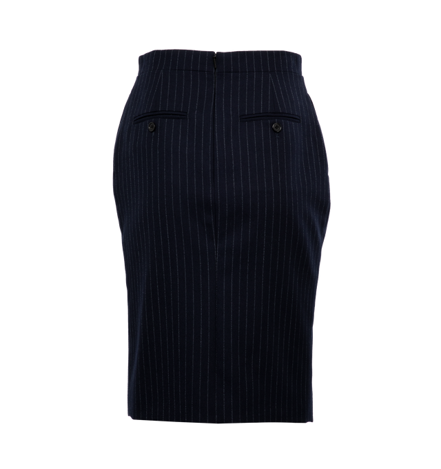 Image 2 of 5 - BLUE - SAINT LAURENT Metallic Pinstripe Wool Blend Skirt featuring slim-fitting knee-length silhouette, back zip closure, front slit and lined. 98% wool, 1% metallic fibers, 1% polyester. 