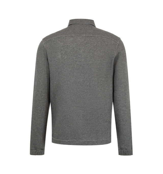 Image 2 of 3 - GREY - Moncler Men's Cotton Long Sleeve Polo Shirt is crafted from a cotton blend and features a relaxed silhouette with a polo collar and snap-button closure. Designed in a loose fit, this long-sleeve style is detailed with a chest pocket accented by a leather button tab, elastic cuffs, and a leather logo patch. Main Material: Cotton Blend 66% Cotton, 34% Polyamide / Nylon. 