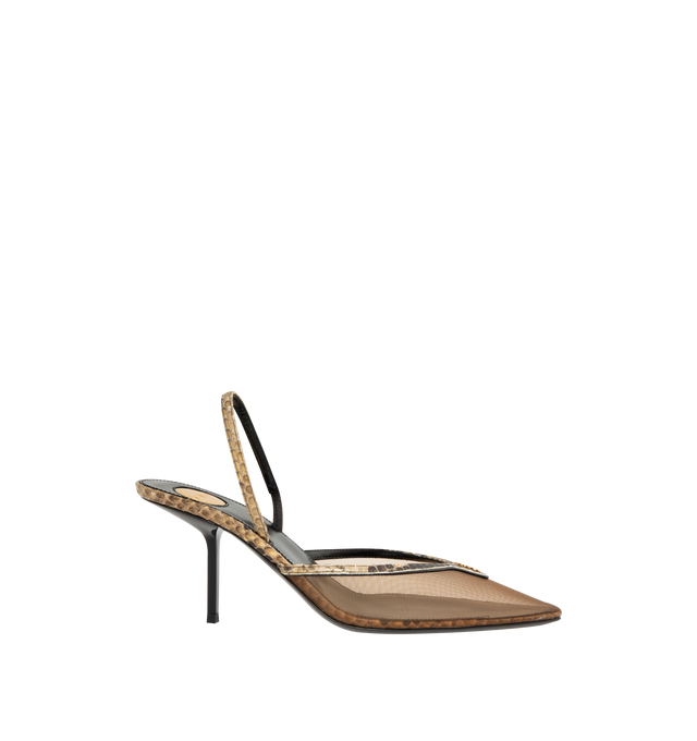 Image 1 of 4 - BROWN - Saint Laurent Women's Slingback Pumps are crafted from semi-sheer mesh with python trim and feature a pointed-toe silhouette accented by the iconic Cassandre hardware. Designed with an elasticized slingback strap, low stiletto heel, leather sole, and a Saint Laurent-engraved metal plaque on the insole for an elegant and refined finish. Main Material: 70% Polyamide, 30% Python. Lining: Calf Leather. Sole: Calf Leather. Heel Height: 7.5 cm / 75mm . Made in Italy. 