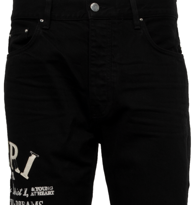 Image 3 of 3 - BLACK - AMIRI Distressed Arts District Jeans featuring belt loops, five-pocket styling, button-fly, logo embroidered at outseam, leather logo patch at back waistband, logo plaque at back pocket and logo-engraved silver-tone hardware. 100% cotton. Made in United States. 