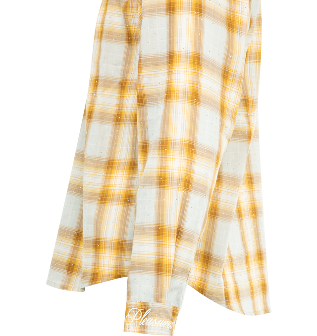 Image 3 of 3 - YELLOW - PLEASURES Dizzle Woven Button Up Shirt featuring long sleeves, button front closure, embroidered logo and check pattern. 85% poly, 15% rayon.  