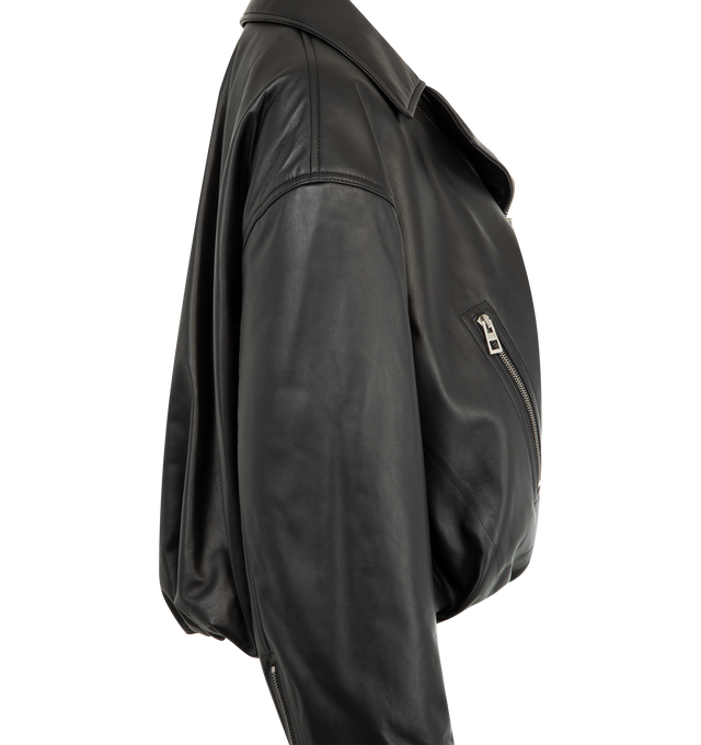 Image 3 of 3 - BLACK - LOEWE Biker Jacket in lightweight nappa lambskin featuring a balloon silhouette with a padded construction, regular fit, short length, zipped front fastening, cuffs and pockets, buckle belt at the hem, fully lined and anagram embossed leather patch placed at the back. Nappa. Made in Italy. This item may be restricted for online purchase to international clients. For assistance purchasing this item please contact our dedicated stylist team at personalshopping@hirshleifers.com. 