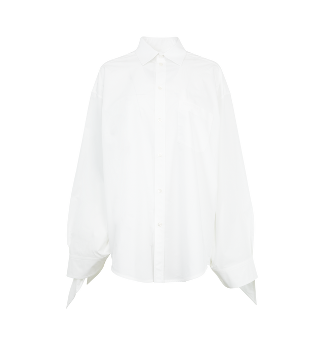 Image 1 of 2 - WHITE - BALENCIAGA Knotted Cuff Blouse featuring regenerative cotton poplin, button-down collar, 6 button front, long sleeves, 1 chest pocket Balenciaga logo embroidered, buttoned cuffs at back, knotted cuffs at back, rounded hem and Balenciaga engraved buttons. 100% cotton. Made in Italy. 