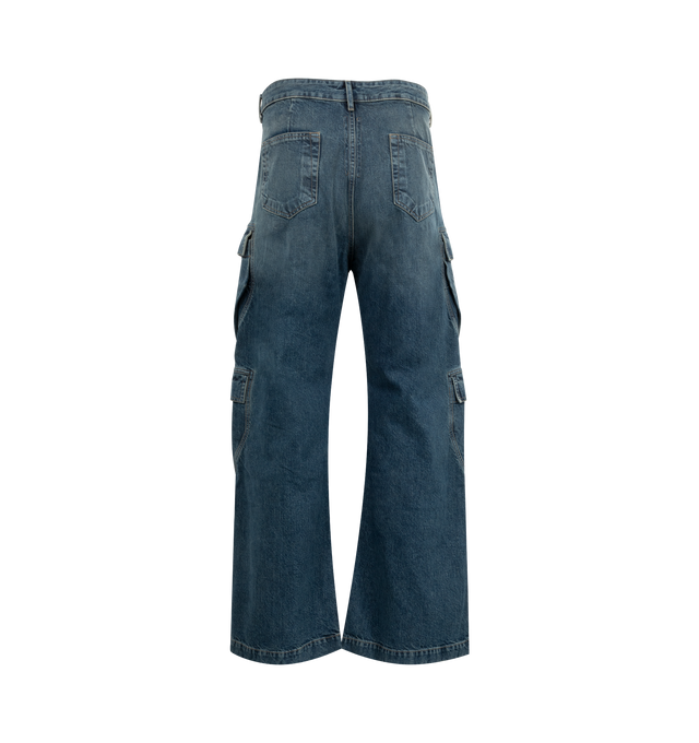 Image 2 of 3 - BLUE - RICK OWENS DRKSHDW Double Cargo Jeans featuring medium-weight denim with fading and whiskering, regular rise, five-pocket style, two flapped cargo pockets on each leg, shaping darts at inner thighs and back pockets, loose fit through straight legs, button closure and zip fly. Cotton/polyester. Made in Italy. 