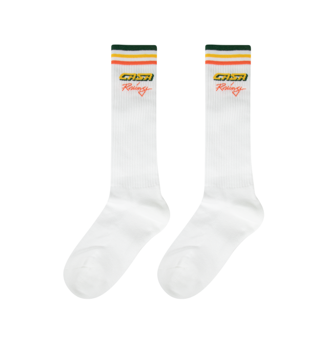 Image 2 of 2 - WHITE - CASABLANCA Mid Calf Ribbed Sport Socks featuring regular fit, calf high, intarsia logo and stripes at rib knit cuffs. 80% cotton, 17% polyamide, 3% spandex. Made in Italy. 