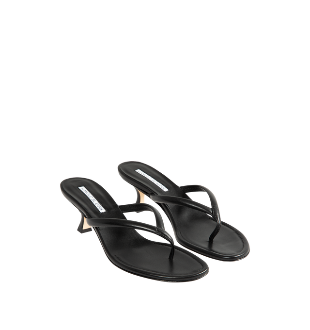 Image 2 of 4 - BLACK - Manolo Blahnik Paterno 50 Leather Sandal featuring nappa leather upper with leather sole, leather lining and footbed, angled round toe with flared kitten heel.Approx 50mm/ 2 inch heel. Made in Italy. 