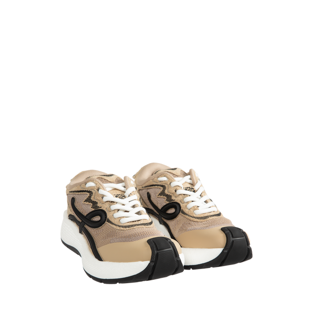 Image 2 of 5 - NEUTRAL - Loewe Women's Pogo Sneakers are crafted from technical knit and suede and feature a bold silhouette with a layered upper and textured two-piece sole. Designed with double laces, the signature L monogram at the side. Main Material: Technical Knit and Suede. Lining: Technical Fabric. Sole: Rubber. Heel Height: 4 cm. Made in Italy. 