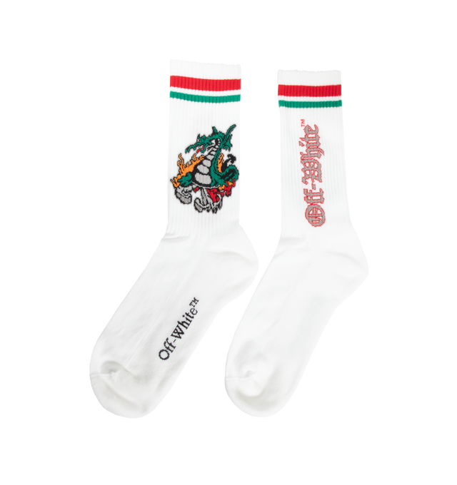 Image 2 of 2 - WHITE - OFF-WHITE Varsity Dragon Socks featuring calf-high knit stretch, jacquard logo at rib knit cuffs and jacquard logo at sole. 70% cotton, 27% polyamide, 3% elastane. Made in Italy. 