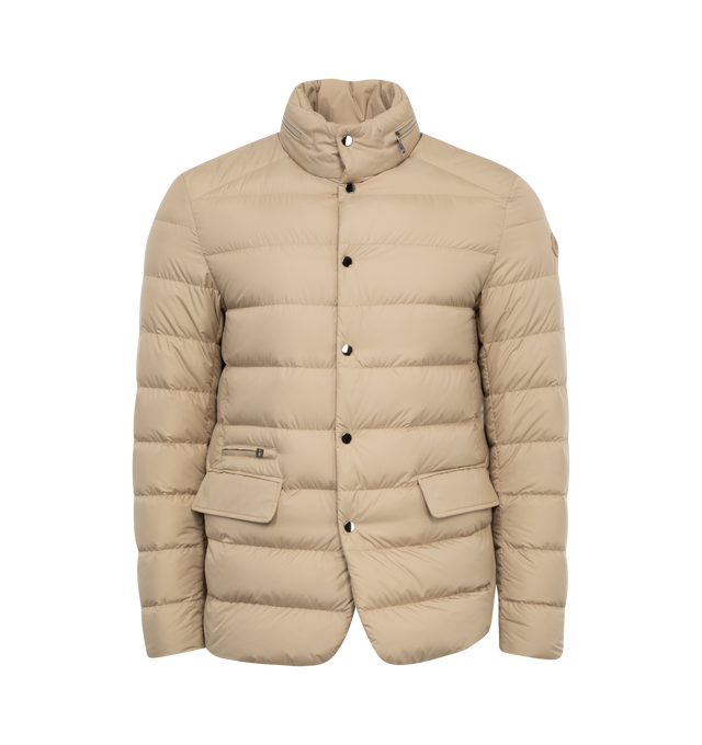 Image 1 of 2 - NEUTRAL - MONCLER Malinvern Down Jacket featuring AirSoft fabric, micro chic nylon lining, down-filled, adjustable pull-out hood, zipper and snap button closure, zipped pockets, inner patch pocket with snap button closure, back slits with snap button closure, hem with elastic drawstring fastening, adjustable cuffs, fabric description label and leather logo patch. 100% polyester. Padding: 90% down, 10% feather. 