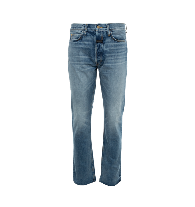 Image 1 of 4 - BLUE - FEAR OF GOD Collection 8 Jean featuring straight-leg fit, five-pocket style, antique brass hardware, raw ankle hem and leather label is stitched on the back pocket. 100% cotton. 