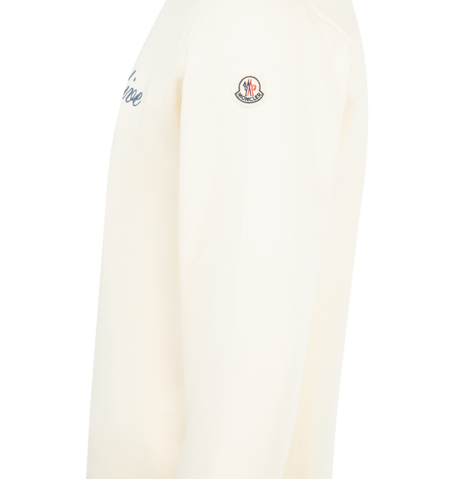 Image 3 of 3 - WHITE - MONCLER Cotton Blend Logo Sweatshirt featuring cotton and nylon blend fleece, crew neck, ribbed trims and embroidered and printed logos. 87% cotton, 13% polyamide/nylon. Made in Turkey. 