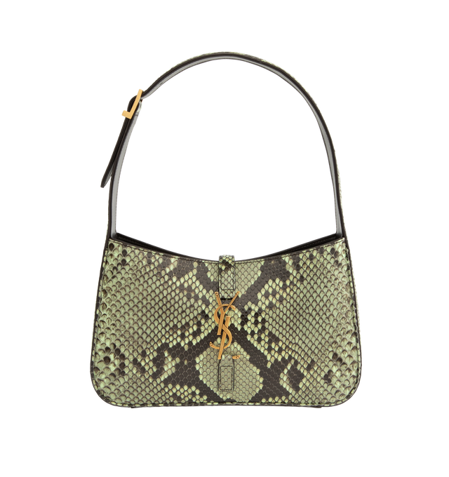 Image 1 of 3 - GREEN - Saint Laurent Le 5  7 leather shoulder bag featuring gold hardware, the 'Cassandre' logo detail, and suede lining. Compact and spacious, it features an interior zipped pocket and adjustable shoulder strap. Dimensions: 9 x 6.2 x 2.5 inches with 7.8 inch strap drop. Fits a large phone, card case, keys and other small essentials. Material: leather. Made in Italy. 