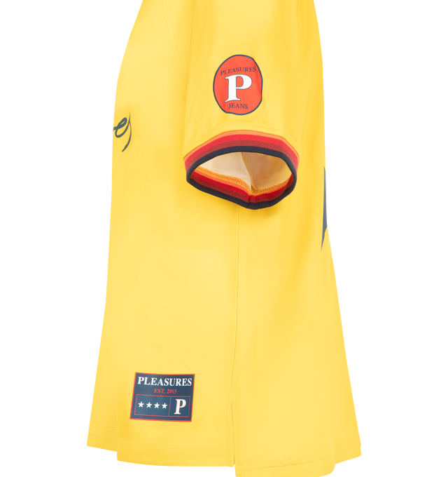 Image 3 of 3 - YELLOW - Pleasures Mens Relaxed Sport Shirt is crafted from heavyweight polyester mesh. Features a relaxed fit, striped ribbed trim, and printed artwork and logo throughout. Main Material: 100% Polyester. Made in China. 