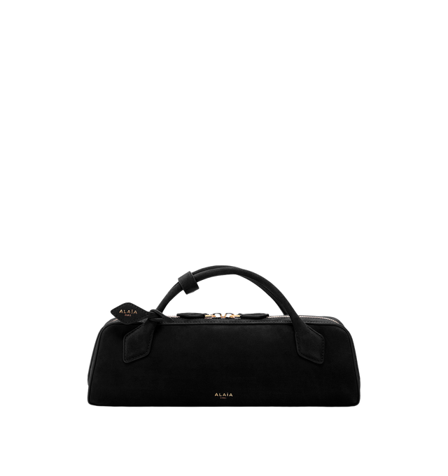 Image 1 of 1 - BLACK - Azzedine Alaia clutch version of the emblematic Le Teckel bag crafted from suede goatskin leather featuring an elongated shape, tubular short handles with decorative ties, double zip closure, small removable mirror on the inside pocket. Material: Leather. Dimensions (cm) : L 31 X H 10 X D 7. Made in Italy. 