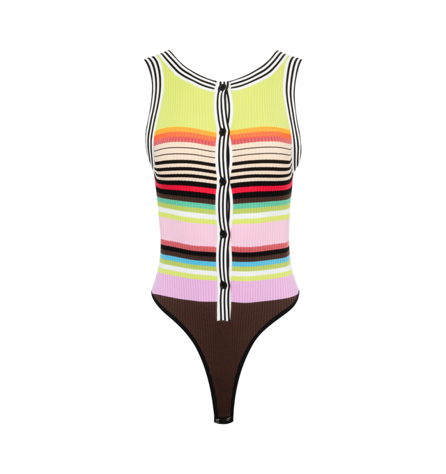 Image 3 of 4 - MULTI - CHRISTOPHER JOHN ROGERS Racer Front Bodysuit with Bolero featuring ribbed knit viscose and nylon blend, rainbow stripe yarns with graphic black and white stripe accents, button front, scoop back and thong bottom with snap gusset. Bolero included.  