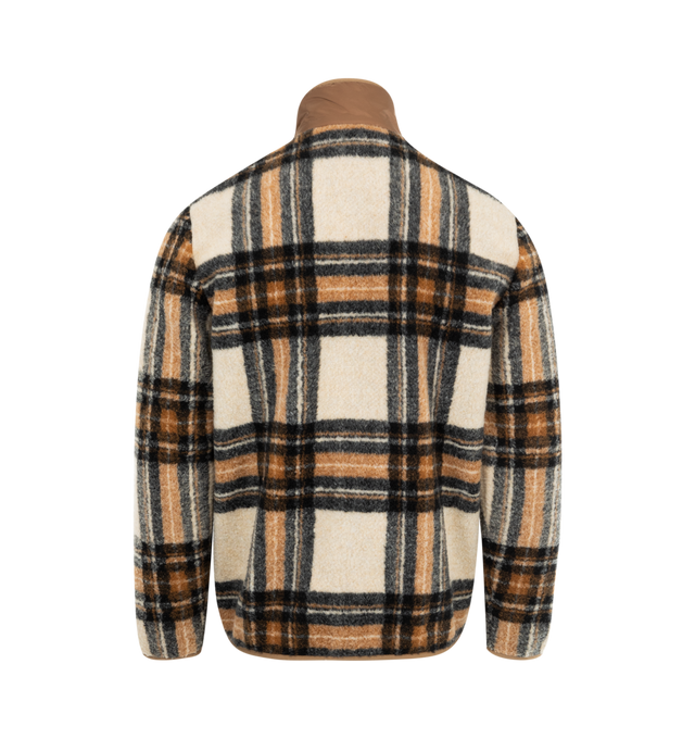 Image 2 of 3 - BROWN - Moncler Zip Front Cardigan has a check pattern, front zip, and snap closure. It also has nylon patch pockets, and a logo patch, and is crafted from soft teddy material. 100% polyester. Made in Romania.  