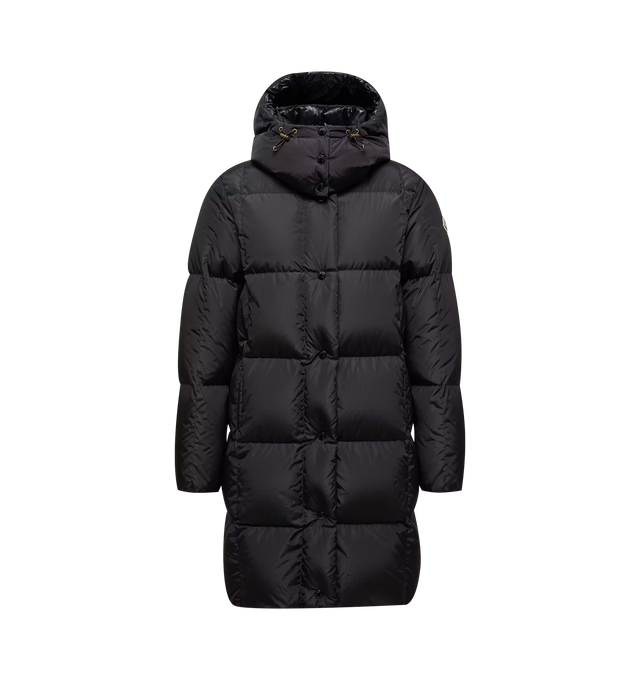 Image 1 of 1 - BLACK - Moncler Women's Litte Square-Quilted Hooded Long Down Jacket is crafted from water-repellent nylon technique with a silky smooth finish and features distinctive geometric square quilting. Designed as a sophisticated cold-weather staple, this down-filled long coat is finished with a detachable and adjustable hood, a two-way zip closure with snap-button placket, zipped pockets, and elasticized cuffs. Balancing technical performance with refined style, the streamlined silhouette transiti 