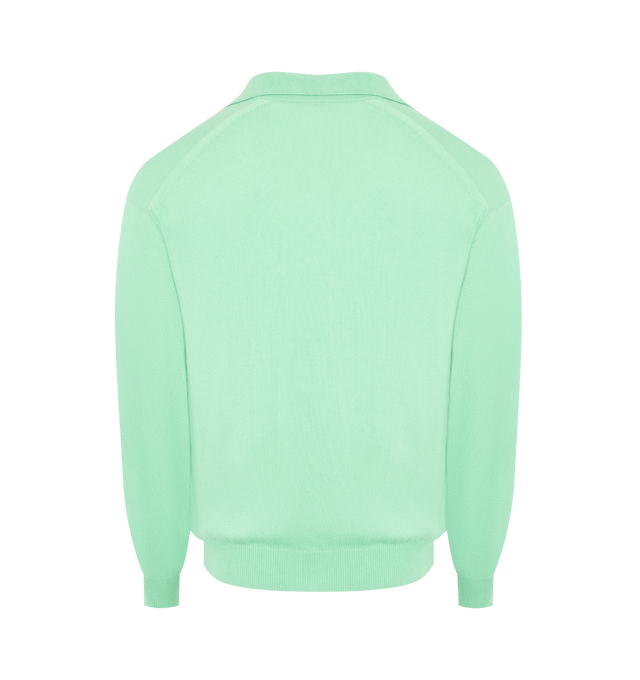Image 2 of 2 - GREEN - AURALEE Super Fine Cashmere Silk Knit Skipper Polo featuring cashmere yarn, luxurious fabric, ribbed trim and open polo collar. 50% cashmere, 50% silk. Made in Japan. 