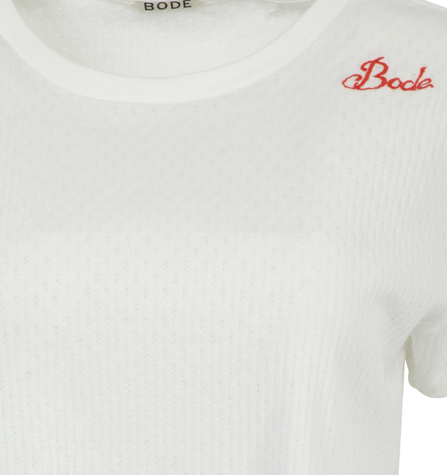 Image 3 of 3 - WHITE - BODE Pointelle Tee featuring pointelle knit pattern, small Bode logo embroidery, short sleeves, cropped and crew neck. 100% cotton. 