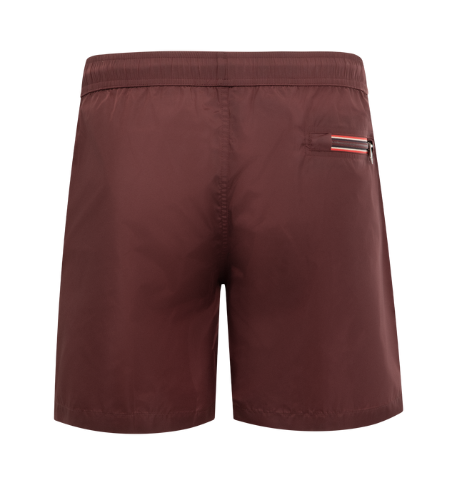 Image 2 of 3 - RED - MONCLER Swim Shorts featuring waistband with drawstring fastening, side pockets, zipped back pocket and silicone logo patch. 100% polyamide/nylon. 