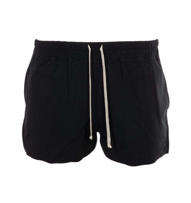 BLACK - RICK OWENS Boxer Swimmer featuring mid thigh length, elastic waistband with drawstring, side pockets, beveled side splits and an internal brief. 73% nylon, 27% elastane.