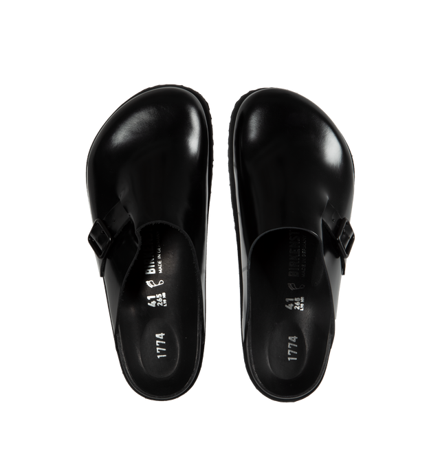 Image 4 of 4 - BLACK - Birkenstock 33 Dougal is a new silhouette created for the 1774 Collection, inspired by the timeless BIRKENSTOCK Boston clog design, updated in smooth leather with a high-shine finish and a color-matched buckle.  Upper: Luxurious smooth Berlin leather with a premium high-shine finish. Footbed: Anatomically shaped BIRKENSTOCK cork-latex footbed, covered with premium, color-matching smooth nappa leather.  Sole: EVA outsole with a 3mm EVA welt updates our standard die-cut outsole while st 