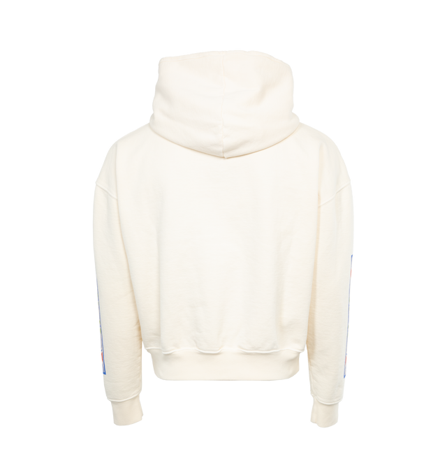 WHITE - RHUDE Hotel Hoodie featuring front kangaroo pocket, front and sleeve screen print and midweight terrycloth fabric. 100% cotton. Made in USA.