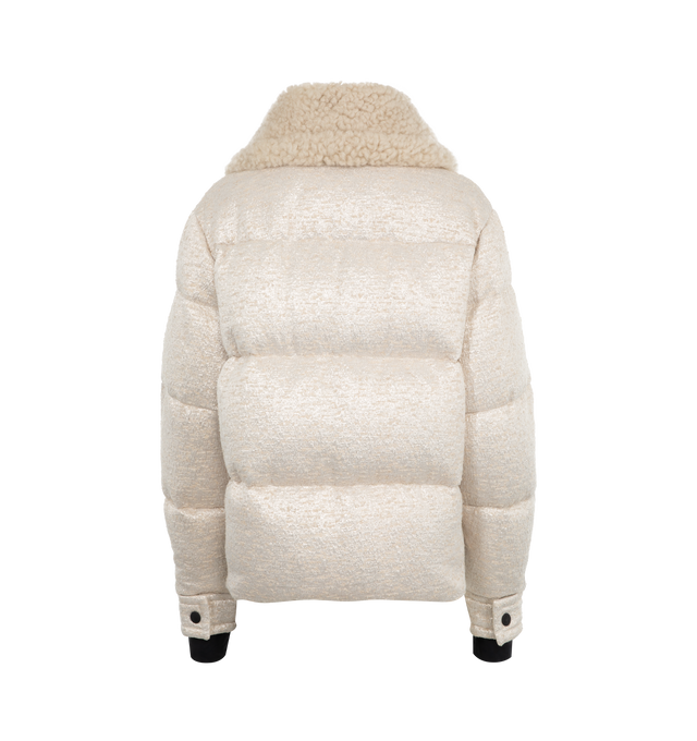 Image 2 of 3 - WHITE - Moncler Grenoble Stowe Jacket has a snap button shearling collar, shearling pocket trim, a zipper closure, interior pockets, a windproof powder skirt, stretch jersey wrist gaiters, and an adjustable hem. Fill 90% down, 10% feathers. Made in Italy.  