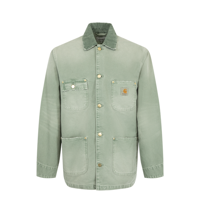 Image 1 of 2 - GREEN - Carhartt WIP Men's OG Chore Coat is crafted from heavyweight organic Dearborn canvas and features a diamond-quilted lining, corduroy collar, front button closure, and multiple utility-inspired patch pockets. Cut in the brand's original loose fit, this designer chore coat combines durable triple-stitch construction, reinforced stress points, and premium workwear detailing with everyday versatility. Main Material: 100% Organic Cotton Dearborn Canvas (12 oz). Lining: Diamond-Quilted. Fit 