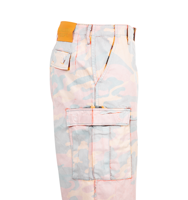 Image 3 of 3 - MULTI - GALLERY DEPT. Camo Cargo Shorts featuring two front pockets, two back flap pockets, two flap cargo pockets at sides, button zip closure and camo print throughout. 100% cotton. Made in USA. 