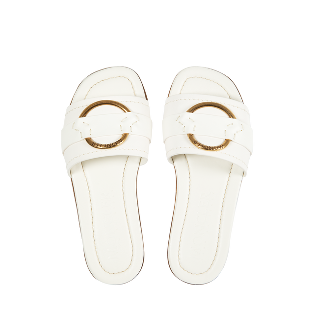 Image 4 of 4 - WHITE - MONCLER Bell Slide Shoes featuring leather upper, slip on and gold-colored metal logo ring detail. 100% leather. 
