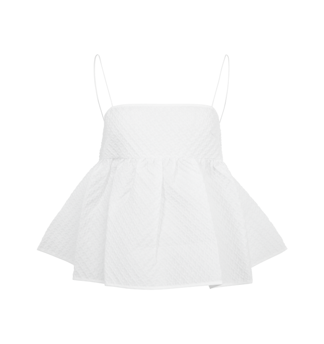 Image 1 of 2 - WHITE - CECILIE BAHNSEN Selena Top Blossom Matelasse featuring adjustable back straps, bandeau bodice, empire-waist seam, flared peplum and blossom matelass fabric. 68% cotton, 23% polyester, 9% polyamide. Made in Lithuania. 