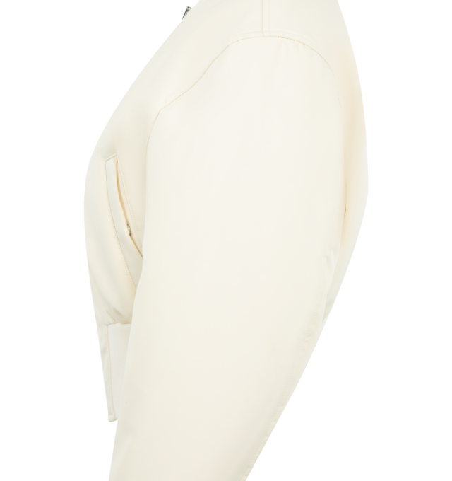 Image 3 of 3 - WHITE - BALENCIAGA Cropped Bomber Jacket featuring technical faille, cropped bomber with rounded sleeves, front zip closure, 2 front slash pockets, ribbed trims and high gathered waistband. 100% polyester. Lining: 100% viscose. Filling: 60% silk, 40% polylactide. Made in Italy. 