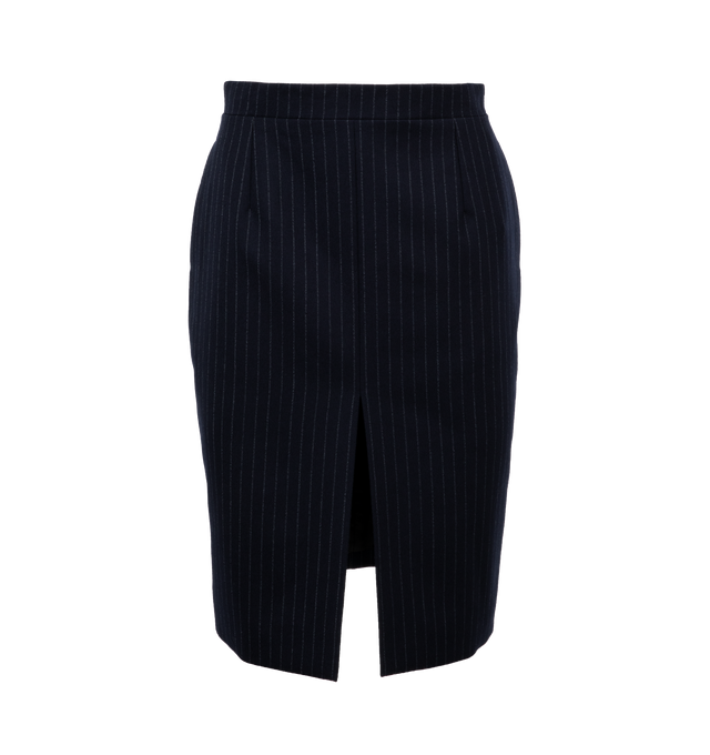 BLUE - SAINT LAURENT Metallic Pinstripe Wool Blend Skirt featuring slim-fitting knee-length silhouette, back zip closure, front slit and lined. 98% wool, 1% metallic fibers, 1% polyester.