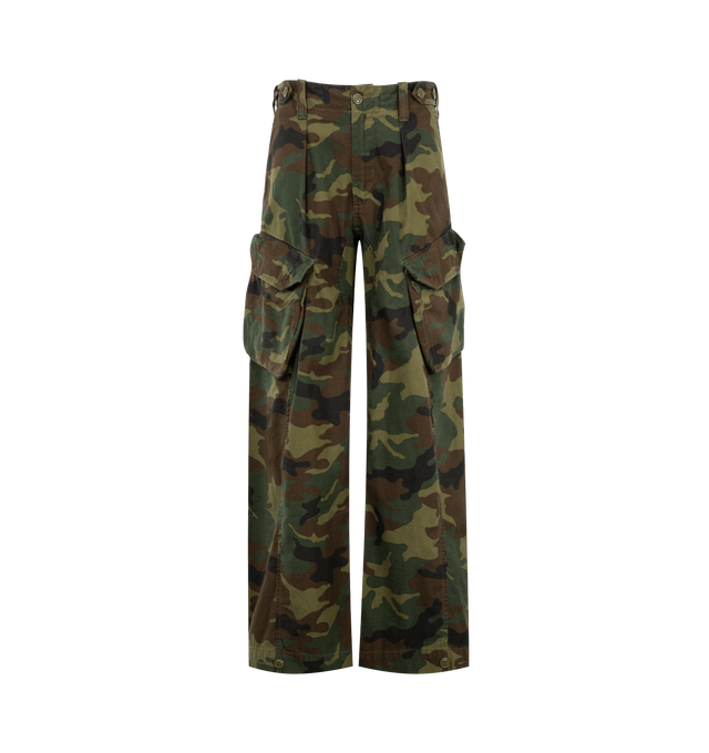 Image 1 of 3 - GREEN - R13 Womens Barrel Cargo Pants are crafted from Japanese camo ripstop and feature a barrel-leg silhouette with an elastic waistband and adjustable buttoned hems. Main Material: 100% Cotton. 