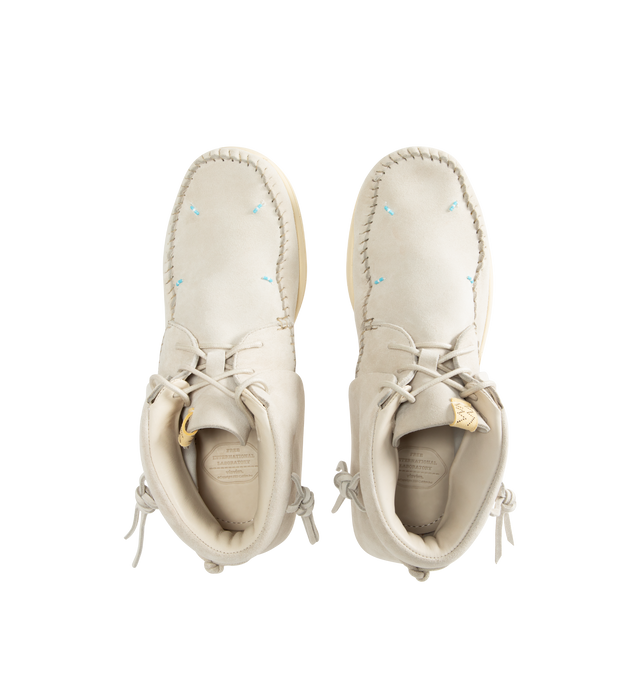 Image 4 of 4 - WHITE - VISVIM FBT Lhamo-Folk Embellished Fringed Suede Ankle Boots featuring soft suede, embellished with bead details, set on custom Vibram outsoles and detailed with slim, leather ties. 