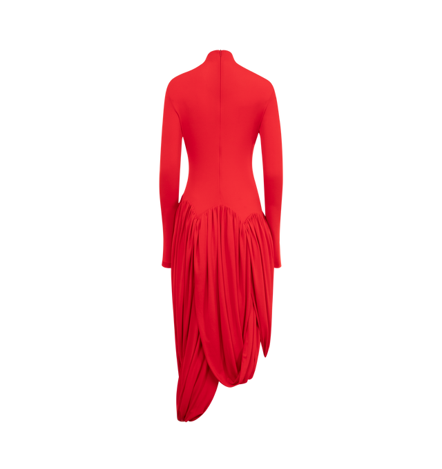 Image 2 of 3 - RED - FERRAGAMO Turtleneck Dress featuring fitted bodice, high neck, long sleeves, a smooth finish and tulip silhouette skirt. 92% sustainable viscose, 8% elastane. 