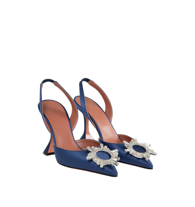 BLUE - AMINA MUADDI satin embellished slingback pump. 95mm heel. Made in Italy. 