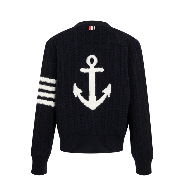 Image 2 of 2 - NAVY - Thom Browne Women's Merino Wool 4-Bar Anchor Intarsia Cardigan is crafted from virgin wool and features a baby cable-stitch construction, a V-neckline with ribbed trim, and a contrast anchor intarsia at the back inspired by the brand's nautical heritage. Designed with a front button closure accented by an RWB grosgrain placket, it is finished with ribbed cuffs and hem, signature 4-Bar detailing, and a striped grosgrain loop tab. Main Material: 100% Virgin Wool. Made in Italy. 