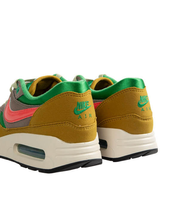 Image 3 of 5 - MULTI - NIKE AIR MAX 1 lace-up sneakers in classic green, ember glow and olive green featuring a padded, low-cut collar, wavy mudguard and pill-shaped Nike Air window and rubber outsole gives you durable traction. 