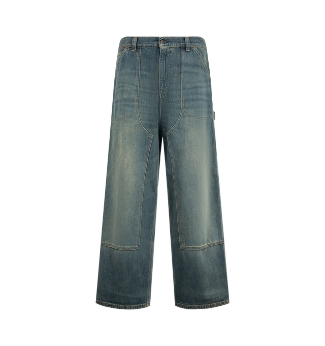 Image 1 of 3 - BLUE - Carhartt WIP Men's Oakland Pant is crafted from heavyweight 12 oz Camano cotton denim and features a loose straight fit with a regular waist. Inspired by classic workwear silhouettes, it is designed with double-layer knees, tool pockets, a hammer loop, triple-stitched construction, bartack reinforcement at key stress points, a woven Square Label at the back pocket, and a zip fly closure. Main Material: 100% Cotton Camano Denim.  