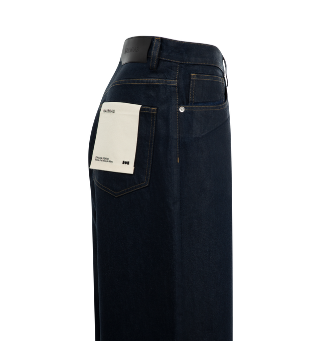 Image 2 of 4 - NAVY - NAHMIAS Waxed Wide Jeans featuring five pocket styling, baggy wide leg fit, belt loops and button closure. 100% cotton.  