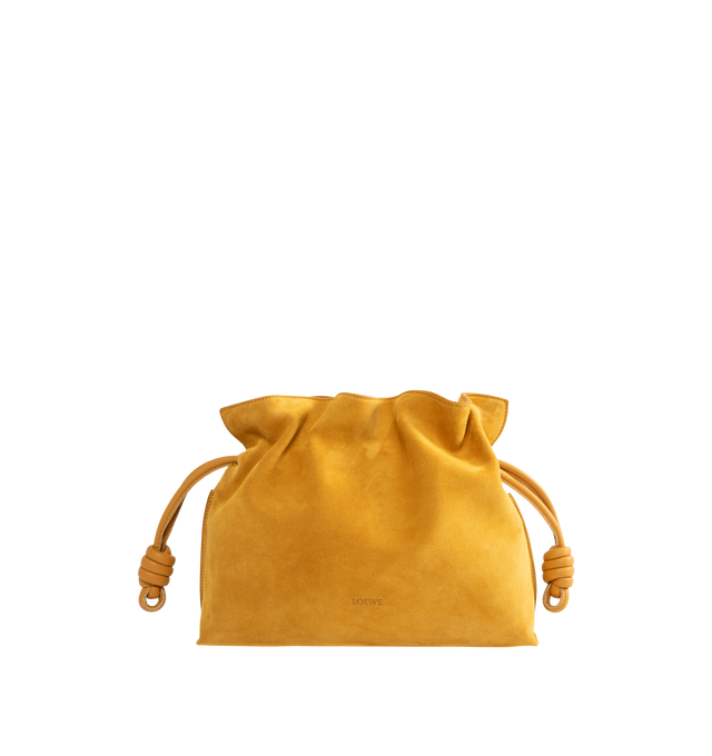 Image 1 of 3 - YELLOW - Loewe Women's Flamenco Medium Clutch is crafted from suede and features the collections signature slouchy silhouette, a cinched closure with iconic knotted drawstrings, and a detachable adjustable strap. Designed to be carried on the shoulder, crossbody, or by hand, this versatile style is finished with a magnetic closure, suede lining, and gold embossed LOEWE branding. Main Material: Suede. Lining: Suede. Dimensions: 30 x 24.5 x 10.5 cm / 11.8 x 9.6 x 4.1 in. Strap Length: 96-120 cm 